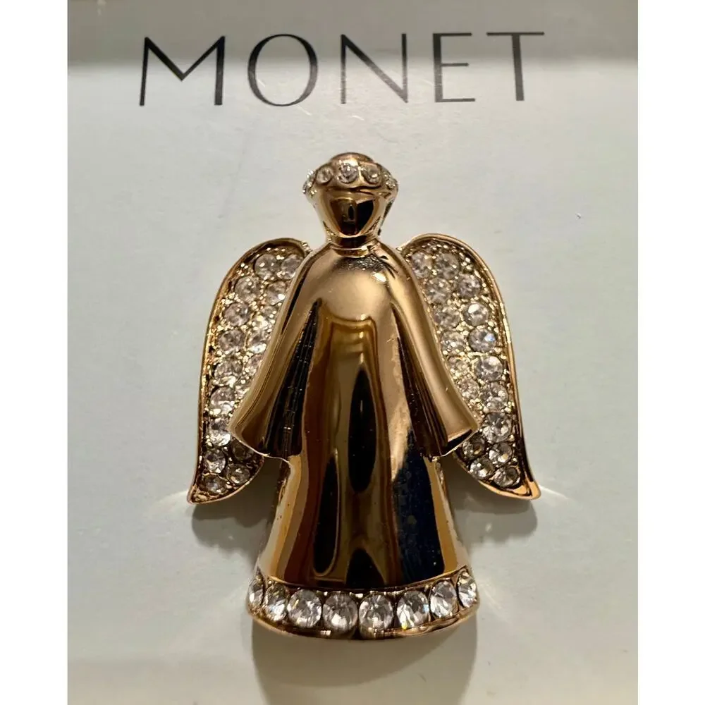 Vintage Signed Monet Gold Tone Rhinestone Angel Brooch With Original Box